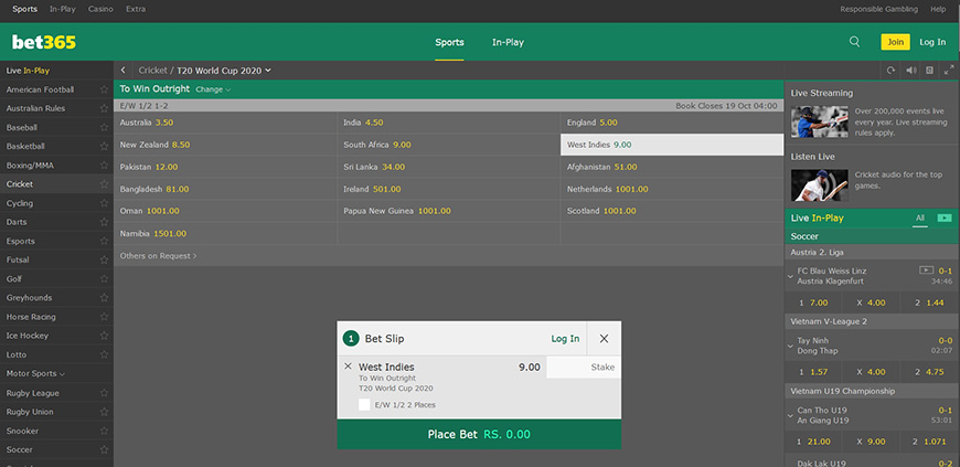 Bet365 betting site in India.