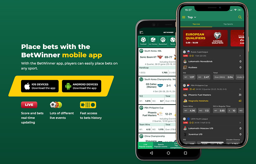 Betwinner mobile app for placing bets.