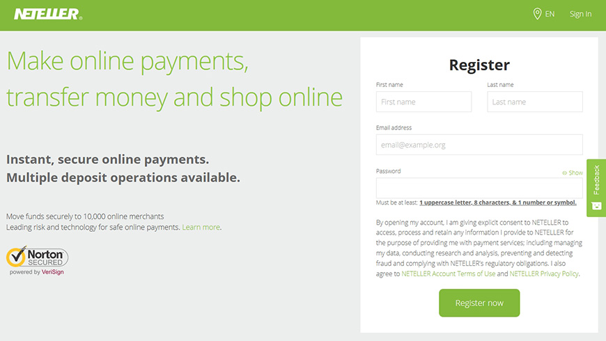 Registration of an account on Neteller for bettors from India.