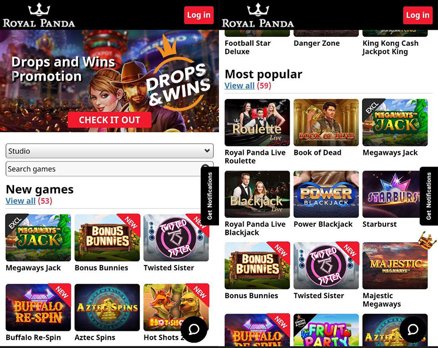 Royal Panda mobile site with a lot of casino games.