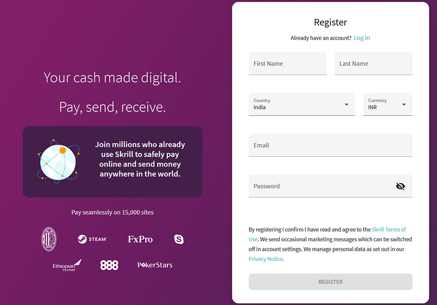 Registration of an account on Skrill for bettors from India.