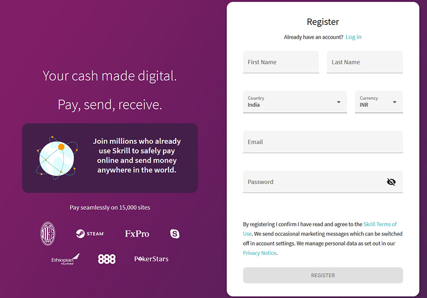 भारत से सट्टेबाजों के लिए Skrill पर एक खाते का पंजीकरण।